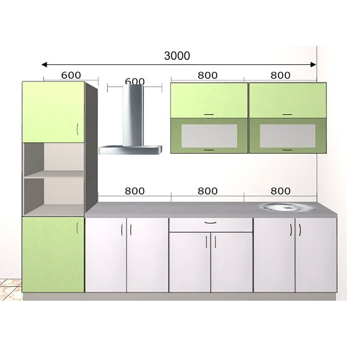 прямая кухня 3 метра с холодильником и мойкой и плитой